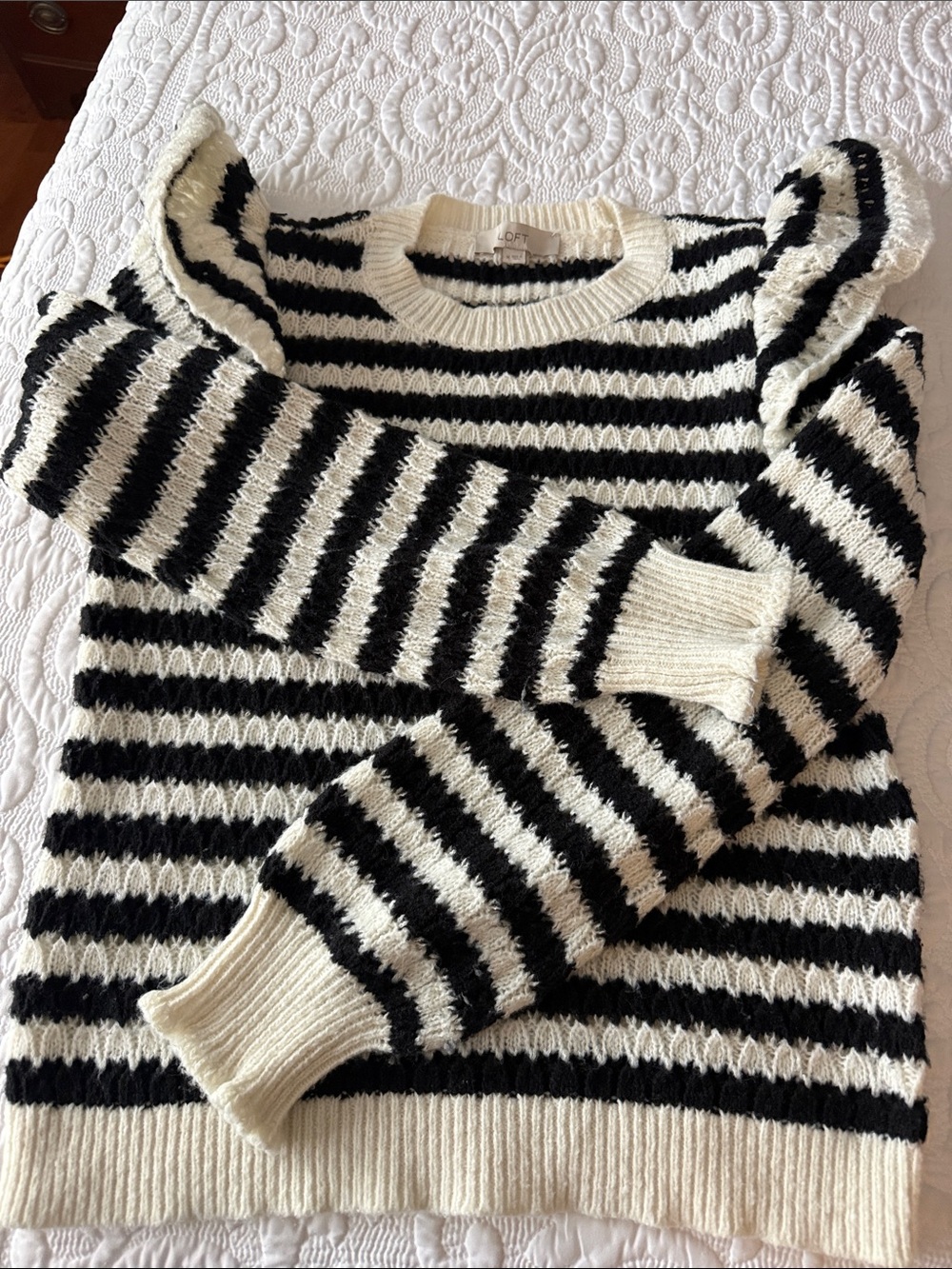 LOFT Black and White Striped Ruffle-Shoulder Crew Sweater